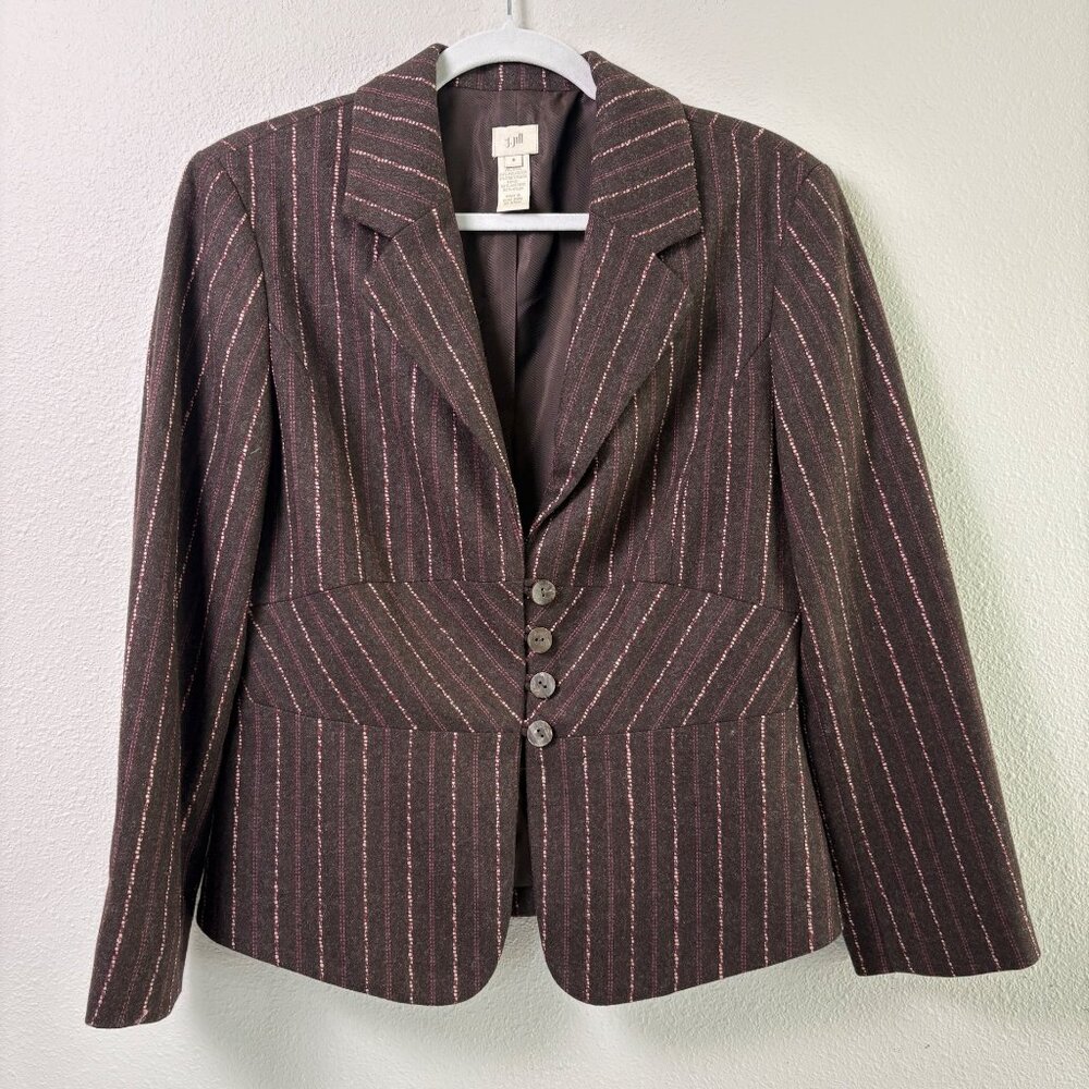 J Jill Blazer Jacketā Size 8 Brown Pink Stripe Wool Blend Vintage Office